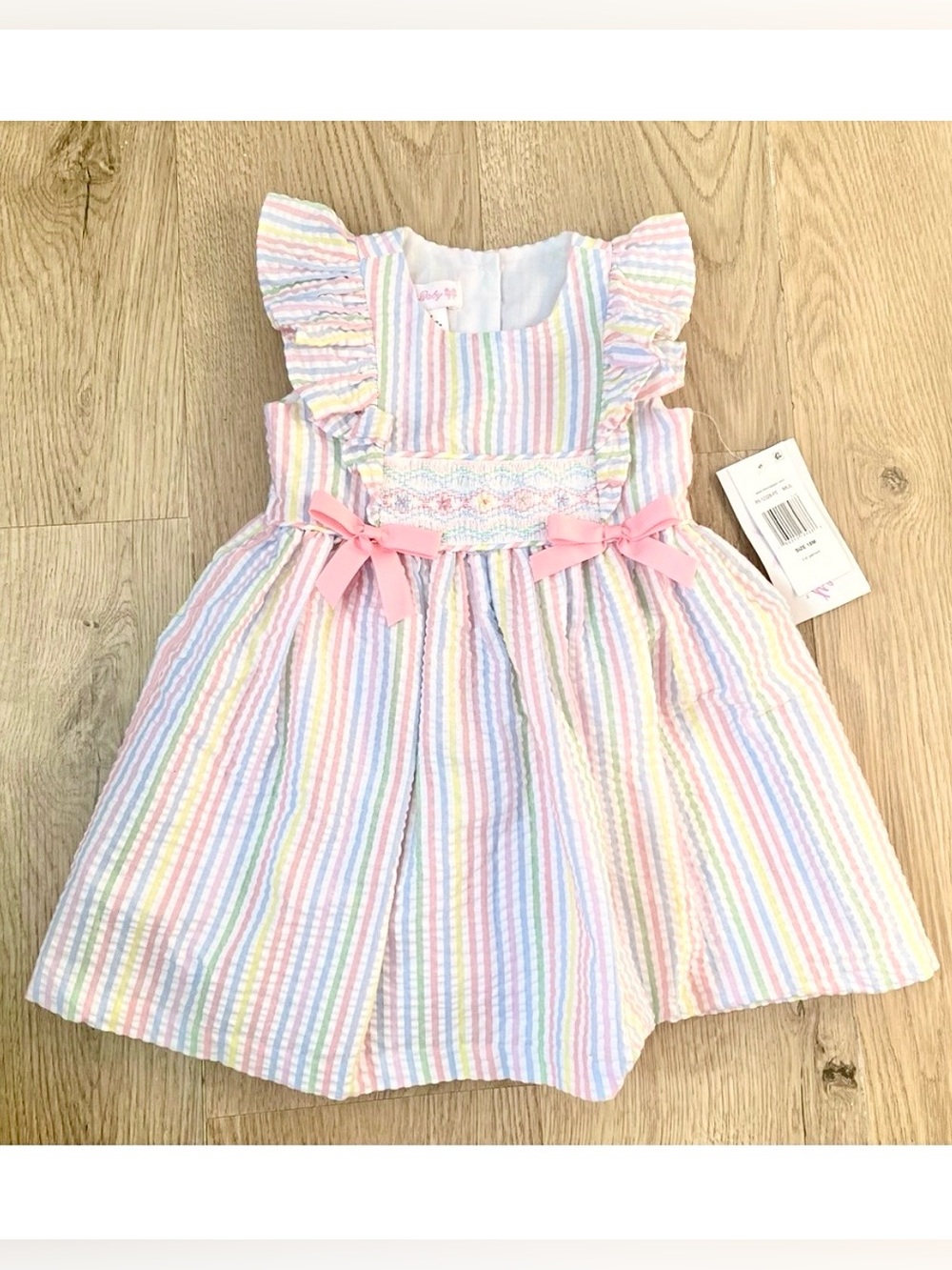 Bonnie Baby Pastel Stripe Dress Bloomer Set Pink Bows Smocked Embroidery 18M NWT